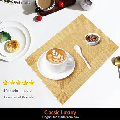 Placemats Set of 6 Washable&Wipeable Place mats for Dining Table Kitchen Indoor Outdoor Table Mats Heat Resistant Non Slip Woven Vinyl Table Placemats (Gold，6PCS)