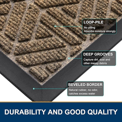 Smiry Front Door Mat Outside Entrance, Heavy Duty Sturdy Natural Rubber Doormat, Trap Dirt and Moisture, Easy Clean Low Profile Mats for Indoor Outdoor Entry, Grid Geometric (59x35, Brown)