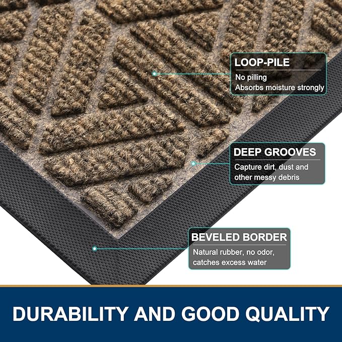 Smiry Front Door Mat Outside Entrance, Heavy Duty Sturdy Natural Rubber Doormat, Trap Dirt and Moisture, Easy Clean Low Profile Mats for Indoor Outdoor Entry, Grid Geometric (47x24, Brown)