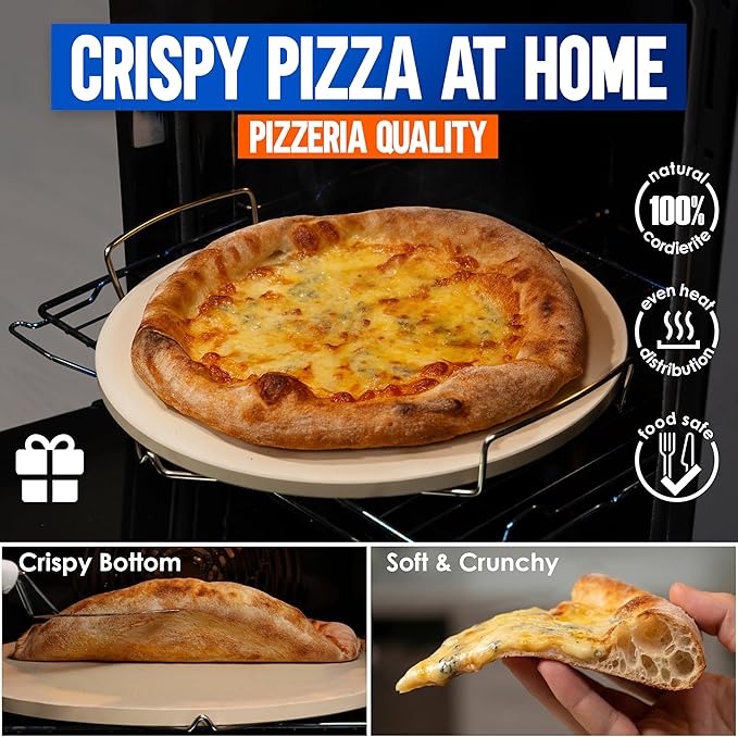 KitchenStar 14-inch Pizza Stone for Oven and BBQ Grill with Handles, Round, 5/8" Thick - Natural Cordierite, 1800 °F Resistant, Baking Stone Set with Stainless Steel Rack & Plastic Scraper Tool