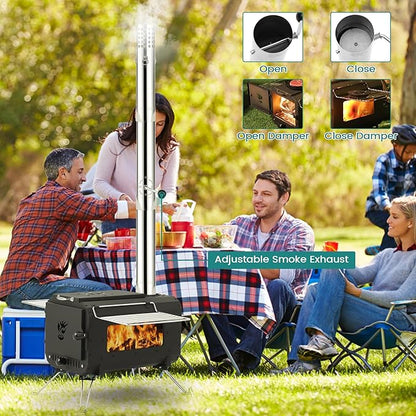 Wood Burning Stove, Hot Tent Stove, Folding Portable Wood Stove for Tent, Cooking, Hiking, Camping Wood Stove Includes Six Chimney Pipes and View Glass, Black