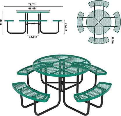 46'' Round Metal Picnic Table for Outdoors, Commercial Steel Metal Picnic Tables, Heavy Duty Sturdy Picnic Tables Furniture Set for Patio Garden Courtyard BBQ, with Umbrella Hole, Green