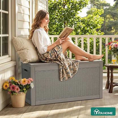 YITAHOME 60 Gallon Resin Deck Box, Weather Resistant Outdoor Rattan Storage Box, Lockable Indoor Outdoor Storage for Supplies and Essentials, Taupe