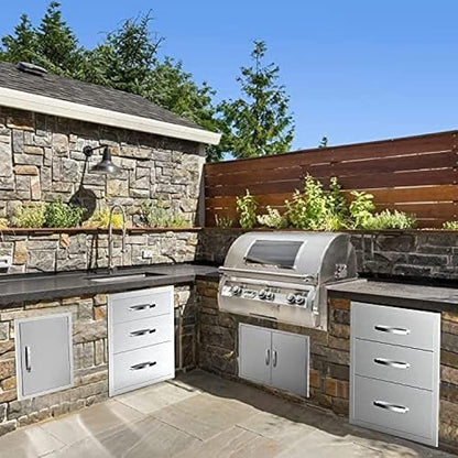 Stainless Steel Outdoor Kitchen Drawers - 3-Drawer BBQ Drawer, Built-in, Flush Mount - 14Wx23Dx21H