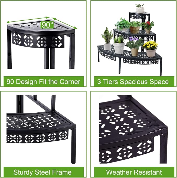 3-Tier Metal Plant Stand, Corner Plant Stands Outdoor Indoor | Semi-circular - Image 4