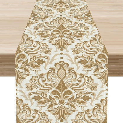 Damask Table Runner, Rustic Gothic Gold Baroque Style Floral Bohemian Boho Flower Antique Vintage Coffee Table Center Decor for Kitchen and Dining Outdoor Country Party Table Decorations, 13"x90"