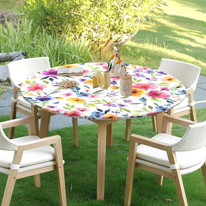 Spring Summer Floral Round Fitted Tablecloth with Elastic Watercolor Flower Outdoor Circle Table Cloth for 36-40" Tables Colorful Stretch Waterproof Washable Table Cover for Picnic Dining Party Decor