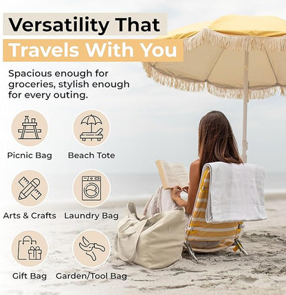 VeraMia Canvas Grocery Bag 3pc XL Set with Real Pockets, Long Shoulder Strap and Short Handle. Heavy Duty, Foldable, Washable