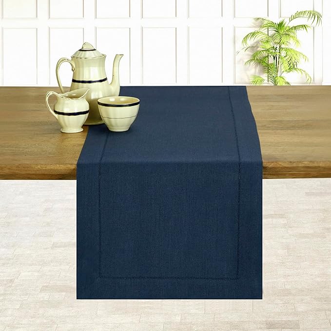 D'Moksha Homes Linen Navy Blue Table Runner 36 Inches - 100% Pure Linen Small Table Runner 14 x 36 Inch Ideal for Dresser, Coffee Tables, Easter - Classic Hemstitch