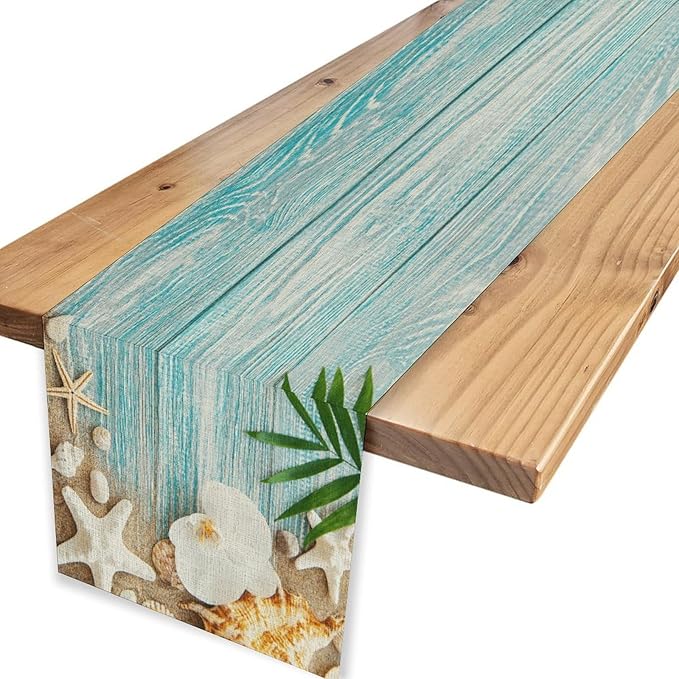 Blue Wooden Starfish Table Runner, Turquoise Tropical Summer Sandy Ocean Beach Coffee Table Center Deco, for Kitchen Family Festival Farmhouse Party and Living Room Table Decorations, 13" X 72"