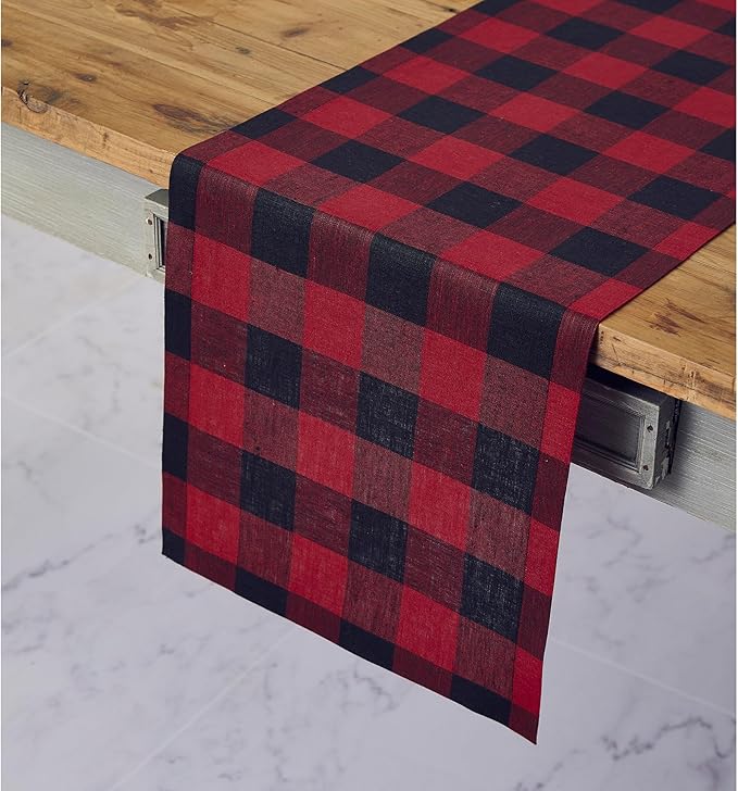 Solino Home Linen Checkered Table Runners 90 Inches Long - 100% Pure Linen Red and Black Buffalo Check Table Runner 14 x 90 Inch Ideal for Dining, Winter