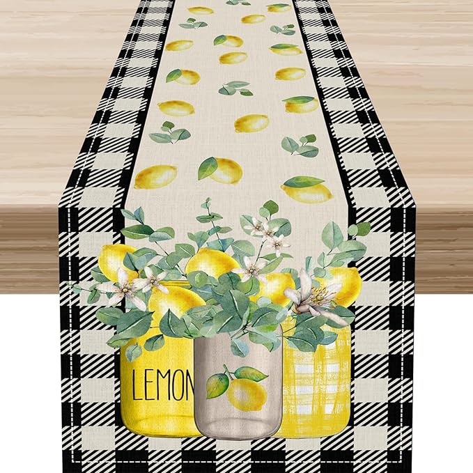 Lemon Table Runner, Farmhouse Black Buffalo Plaid Seasonal Summer Spring Fruits Lemon Coffee Table Center Decor for Home Kitchen Dining Party Patio Indoor Outdoor Table Decorations, 13"x90" Inch