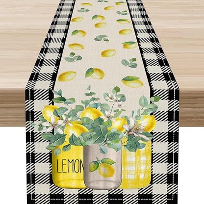 Lemon Table Runner, Farmhouse Black Buffalo Plaid Seasonal Summer Spring Fruits Lemon Coffee Table Center Decor for Home Kitchen Dining Party Patio Indoor Outdoor Table Decorations, 13"x36" Inch