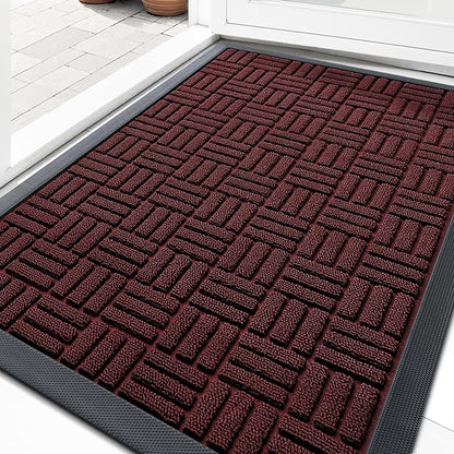OLANLY Front Door Mat Outside Entrance 29.5x17, Absorbent, Heavy Duty Sturdy Natural Rubber Doormat Indoor Outdoor, Non-Slip, Stain and Fade Resistant, Low Profile Floor Mat for Entryway, Burgundy