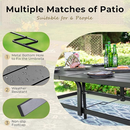 Outdoor Patio Dining Table for 6, 60" x 37" Rectangular Metal Patio Dining Table with Umbrella Hole for Garden, All Weather Wrought Iron Black Outdoor Table Backyard and Porch, Black