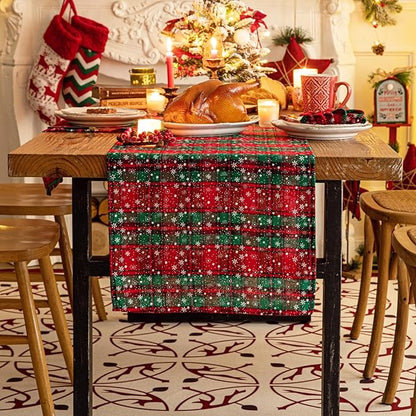 Green Red Plaid Snowflake Christmas Table Runner, Winter Holiday Table Runners 72 inches Long Xmas Decorations Indoor Outdoor Farmhouse Home Kitchen Dining Party Decor