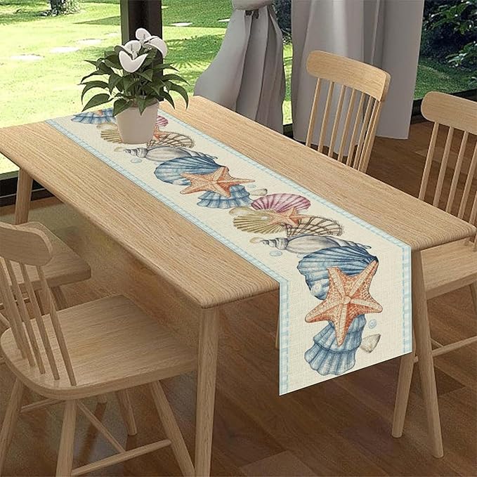 Summer Starfish Table Runner, Blue Check Sea Coastal Seashell Beach Nautical Starfish Ocean Table Runner Seasonal Holiday Home Kitchen Dining Table for Home Party Decor 13"x108"