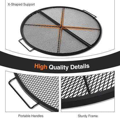REDCAMP Foldable Fire Pit Cooking Grill Grate, Portable X-Marks Heavy Duty Steel Round Campfire BBQ Grill with Handle & Support Wire, Ideal for Outdoor Picnics & Gatherings, 36-Inch Black