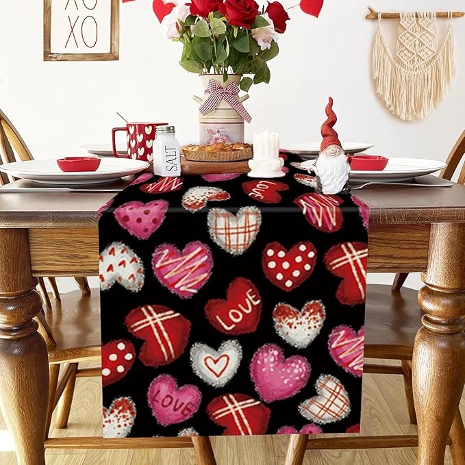 Valentines Day Decorations Table Runner Love Hearts Black Kitchen Dining Table Decor Holiday Anniversary Indoor Outdoor Party Suppies 36×13 Inch