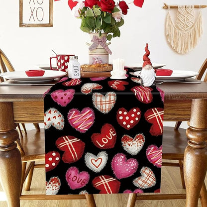 Valentines Day Decorations Table Runner Love Hearts Black Kitchen Dining Table Decor Holiday Anniversary Indoor Outdoor Party Suppies 108×13 Inch