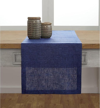 Solino Home Linen Table Runner 60 Inches - 100% Pure Linen Chambray Navy Table Runner 14 x 60 Inch Ideal for Dresser and Coffee Tables - Spring - Athena