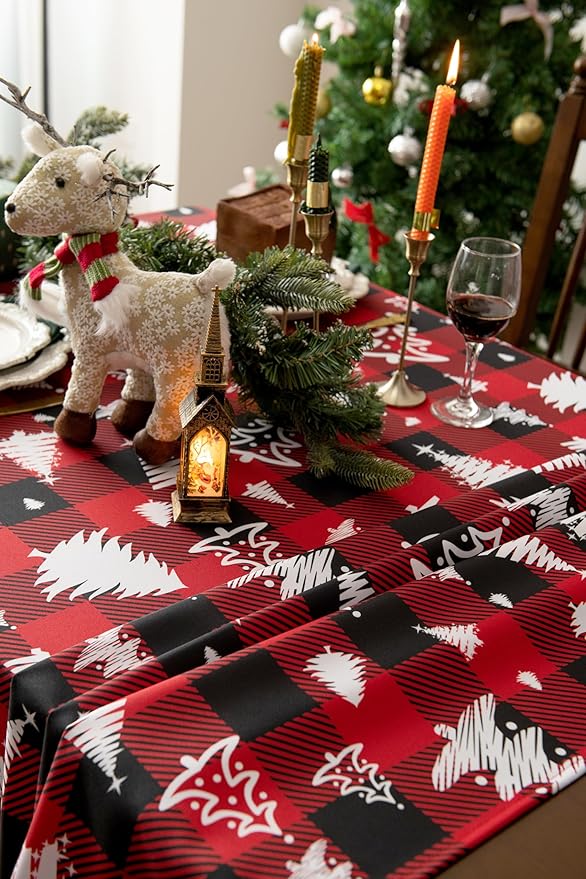 Classic Gingham Buffalo Xmas Tablecloth Fabric - Oblong 58x144 Inch Water Proof Checkered Table Cloth for Indoor Outdoor - Red Christmas Tree Table Cover for Christmas, Holiday, New Year
