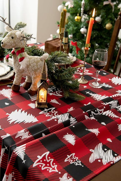 Waterproof Christmas Tree Tablecloth Fabric - Red Oblong 52x70 Inch Classic Buffalo Tartan Festive Table Cloth for Indoor Use - New Year Tabletop Cover for Dinner, BBQs, and Parties