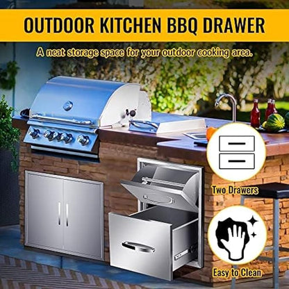BBQ Outdoor Kitchen Drawers Stainless Steel 3-Drawer BBQ Drawer Enclosed Built-in Drawer Flush Mount for Outdoor Kitchens & BBQ Islands,16Wx20Dx20H