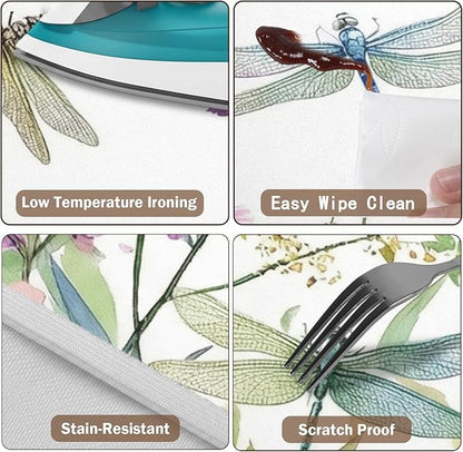 Spring Summer Floral Round Fitted Tablecloth with Elastic Wildflower Dragonfly Circle Table Cloth for 44-48" Tables Farmhouse Easter Flowers Stretch Waterproof Table Cover for Picnic Outdoor Dining