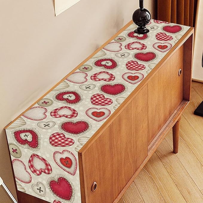 Red Heart Table Runner,Retro Rustic Beige Heart Buttons Polka Dot Valentines Decorations Decor for Family Kitchen and Living Room Outdoor Farmhouse Party Table Decorations, 13"x90"