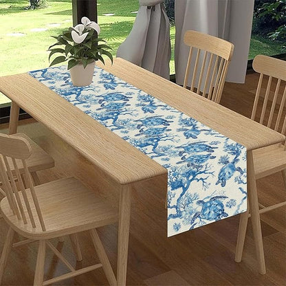 Sea Turtle Table Runner, Summer Coastal Nautical Coral Undersea Tropical Rustic Farmhouse Coffee Table Center Decor for Home Kitchen Dining Patio Holiday Party Table Decorations 13"x108"