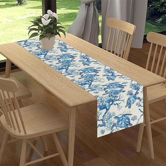 Sea Turtle Table Runner, Summer Coastal Nautical Coral Undersea Tropical Rustic Farmhouse Coffee Table Center Decor for Home Kitchen Dining Patio Holiday Party Table Decorations 13"x72"