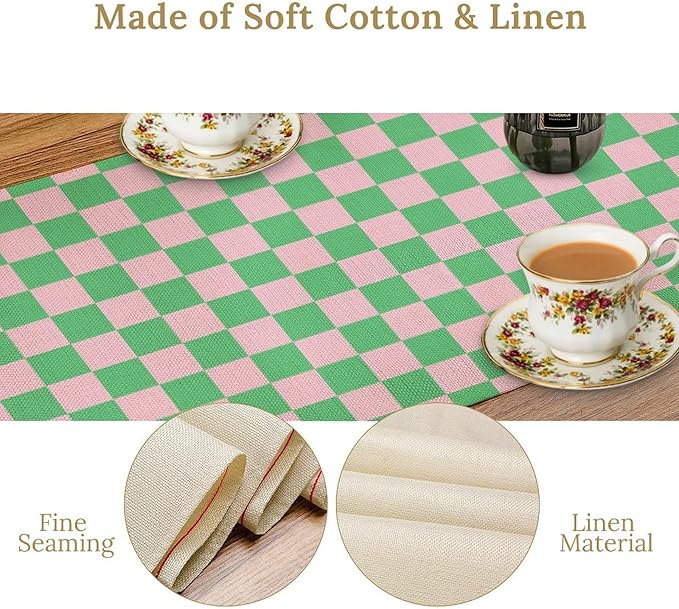 Retro Checkered Table Runner, Cute Pink Green Checkerboard Vintage Hippie Modern Aesthetic Table Runner for Party Kitchen Dining Home Outdoor Banquet 13x70in