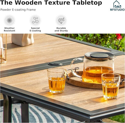 MFSTUDIO Outdoor Patio Dining Table for 6, Rectangular Furniture Table with Metal Frame and Immitation Wood Top, Outdoor Deck Backyard Garden Table with Umbrella Hole
