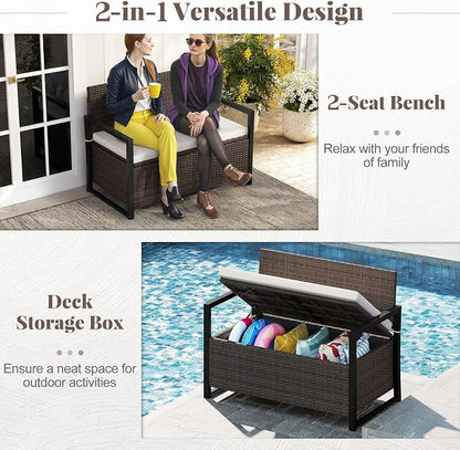 RELAX4LIFE Wicker Rattan Outdoor Storage Loveseat Bench Mix Brown Off White | - Image 4