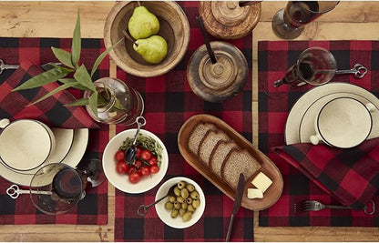 Solino Home Linen Checkered Table Runner 36 Inches - 100% Pure Linen Buffalo Check Red and Black Table Runner 14 x 36 Inch Ideal for Dresser and Coffee Tables - Winter