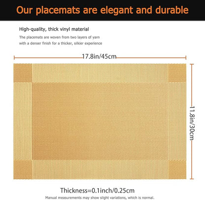 Placemats Set of 12 Washable&Wipeable Place mats for Dining Table Kitchen Indoor Outdoor Table Mats Heat Resistant Non Slip Woven Vinyl Table Placemats (Gold，12PCS)