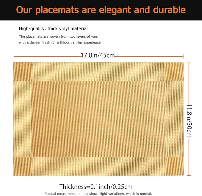 Placemats Set of 6 Washable&Wipeable Place mats for Dining Table Kitchen Indoor Outdoor Table Mats Heat Resistant Non Slip Woven Vinyl Table Placemats (Gold，6PCS)