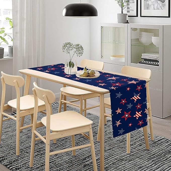 4th of July Patriotic Table Runner, Memorial Day Independence Day Freedom Stars Table Runner for Indoor Kitchen Dining Outdoor Holiday Party 13x36in