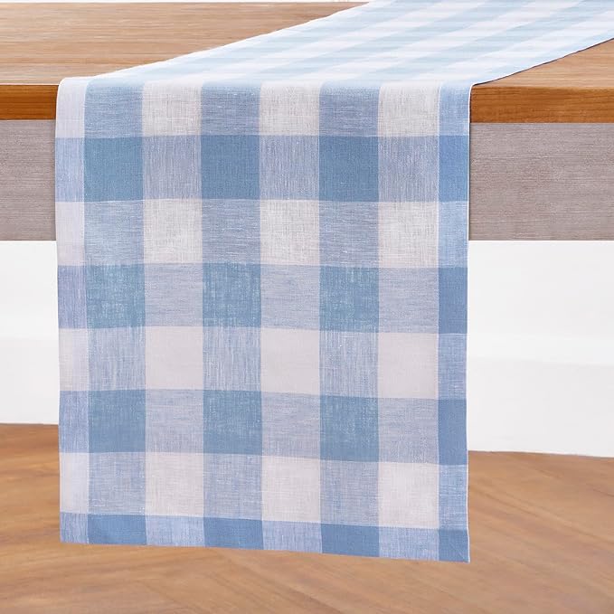 Solino Home Linen Checkered Table Runner 60 Inches - 100% Pure Linen Chambray Blue and White Buffalo Check Table Runner 14 x 60 Inch Ideal for Dresser and Coffee Tables - Spring, Easter