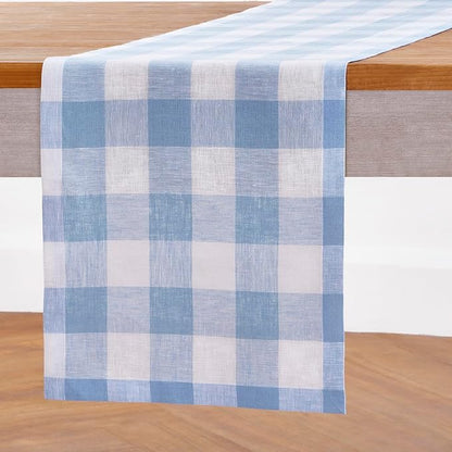 Solino Home Linen Checkered Table Runner 144 Inches Long - 100% Pure Linen Buffalo Check Chambray Blue and White Table Runner 14 x 144 Inch Ideal for Dining, Winter, Spring, Easter