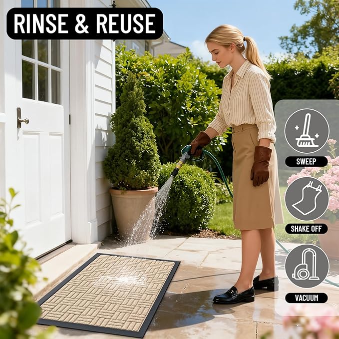 OLANLY Front Door Mat Outside Entrance 33x21, Absorbent, Heavy Duty Sturdy Natural Rubber Doormat Indoor Outdoor, Non-Slip, Stain and Fade Resistant, Low Profile Floor Mat for Entryway, Latte White