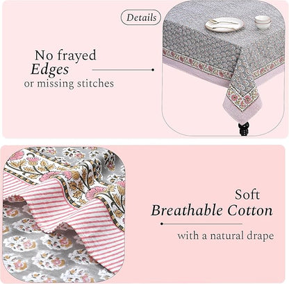 CPC Tablecloth 100% Cotton 72x190 Inch Indian Block Print Rectangle Table Cover, Gray Pink Table Cloth for Weddings, Spring/Summer, Barbeque - Labra Gray