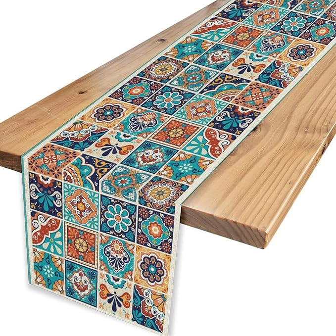 Mexican Table Runner, Blue Rustic Mexico Talavera Ceramic Hand Painted Tiles Cinco De Mayo Coffee Table Center Decor for Family Kitchen and Dining Patio Indoor Outdoor Table Decorations, 13" X 36"