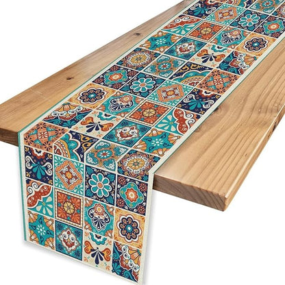 Mexican Table Runner, Blue Rustic Mexico Talavera Ceramic Hand Painted Tiles Cinco De Mayo Coffee Table Center Decor for Family Kitchen and Dining Patio Indoor Outdoor Table Decorations, 13" X 72"