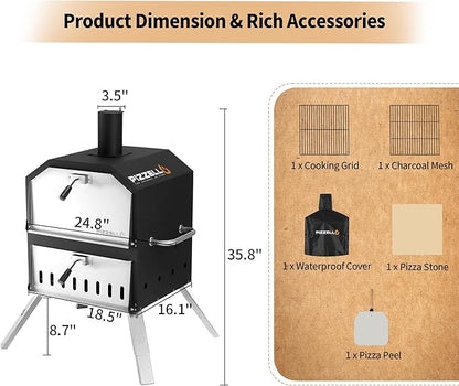 PIZZELLO Pizzello Outdoor Pizza Oven 16'' Large Wood Fired 2-Layer Pizza Ovens with Pizza Stone, Pizza Peel, Grill Grate, Oven Cover, Outside Pizza Maker for Camping Backyard BBQ, Pizzello Grande 16