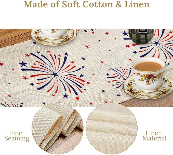 Fireworks Table Runner, 4th of July Patriotic Memorial Day American Independence Day Table Runner for Holiday Kitchen Dining Holiday 13x60in