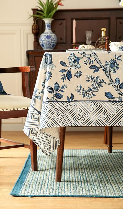 Vintage Blue and White Small Square Tablecloth,French Linen Floral Wrinkle Free Tablecloths,Decorative Table Cover for Kitchen,Dining,Tea Party,Thanksgiving,Christmas,55"*55"-Suqing