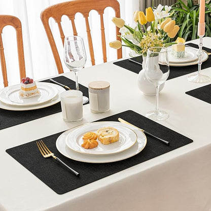 Romanstile Vinyl Placemats Set of 12-12 X 17 Inch - Heat Resistant Place Mats 100% Waterproof Oilproof Wipeable Reversible Faux Leather Table Mats for Kitchen, Dining, Party, Outdoor, Black