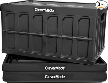 CleverMade Collapsible Storage Bins with Lids - Obsidian 3 Pack 46L- Plastic Containers Stackable Organization Crates Home Closet Space-Saving Durable